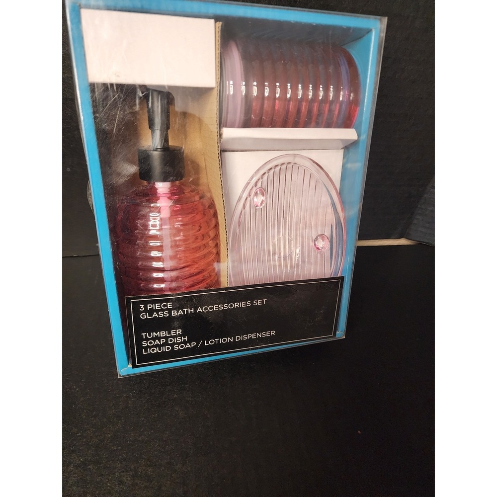 Sultans Linens 3 Piece Glass Bath Accessories Set Pink Soap Dispenser BAGLA-1